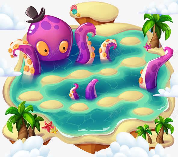 卡通手绘海洋立体图案png免抠素材_88icon https://88icon.com 乌贼 云彩 卡通手绘海洋 椰子树 立体图案