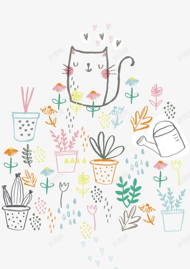 猫咪的花园psd免抠素材_88icon https://88icon.com 卡通 喷壶 小猫 手绘 花草