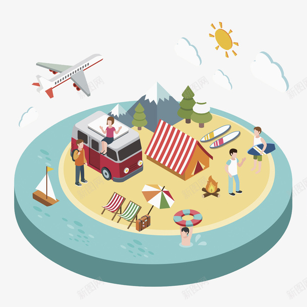 海边游玩立体圆柱图png免抠素材_88icon https://88icon.com 创意 卡通 商务 圆柱 圆柱子 大海 封面 彩色手绘 插图 沙滩 车 飞机