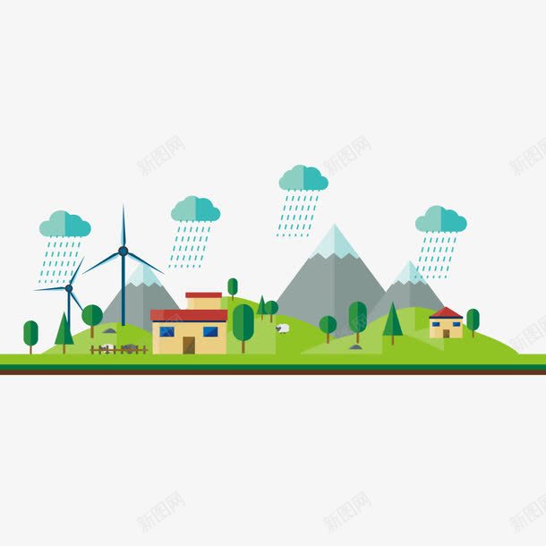 偏远山村矢量图ai免抠素材_88icon https://88icon.com 山地 房子 雨云 风能 矢量图