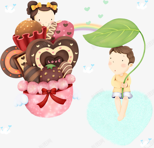 彩虹与卡通小男孩psd免抠素材_88icon https://88icon.com 人物插画 冰淇淋 女孩 彩虹 树叶 爱心 甜品