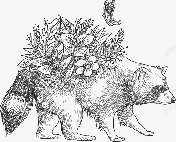手绘背上开花的浣熊矢量图ai免抠素材_88icon https://88icon.com AI格式 动物 动物素描画 手绘 手绘动物 手绘浣熊 浣熊 浣熊素描 背 花卉 蝴蝶 矢量图