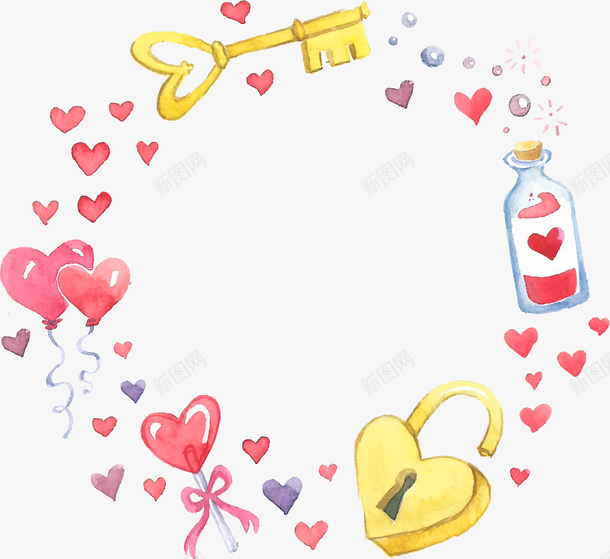手绘浪漫水彩情人节矢量图ai免抠素材_88icon https://88icon.com 同心锁 心形 情人节 情侣物件 手绘 气球 水彩 矢量图 装饰