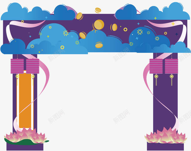门头装饰png免抠素材_88icon https://88icon.com 云朵 创意 条幅 水彩 紫色 蓝色 金币 门头 门帘