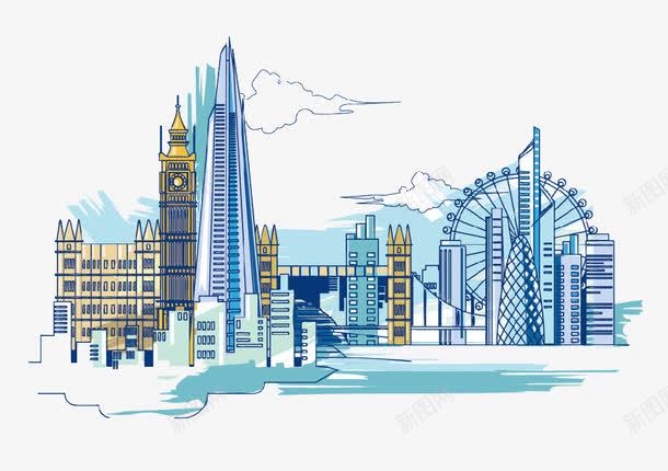 蓝色布景png免抠素材_88icon https://88icon.com 大地 手绘 摩天轮 白云 高楼大厦