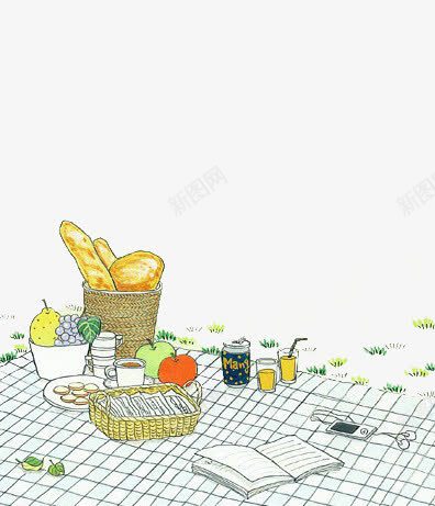野炊png免抠素材_88icon https://88icon.com 卡通 可乐 小清新 彩绘 春游 野餐布 面包