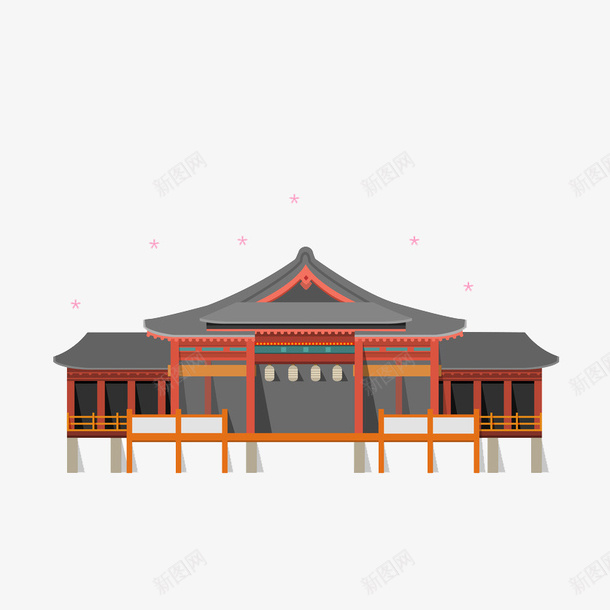 一座大房子png免抠素材_88icon https://88icon.com 五角星 大房子 日式古建筑 日式建筑 栏杆 灰色瓦砖 砖红色背景 红色木头