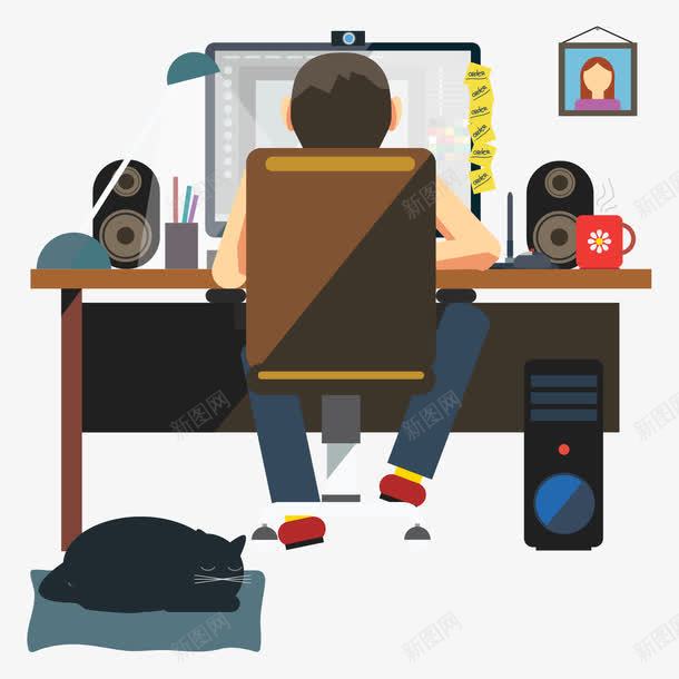 工作插画png免抠素材_88icon https://88icon.com 家里 棕色 玩电脑 玩电脑的人 男性