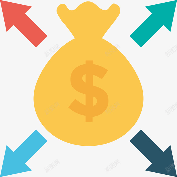 黄色金币袋png免抠素材_88icon https://88icon.com 四个发散箭头 彩色箭头 矢量金钱袋子 金钱 黄色金币 黄色金钱