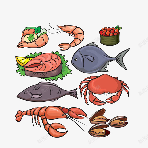 卡通海鲜大餐食材png免抠素材_88icon https://88icon.com 不同种类的鱼 大龙虾 海鲜大餐 海鲜盛宴 海鲜食材 虾 蚌 鱼籽