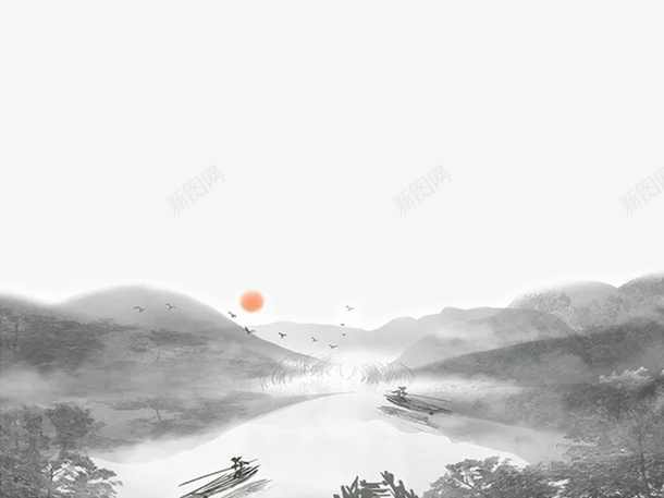 水墨山涧小舟png免抠素材_88icon https://88icon.com 一叶轻舟 大雁 小舟 山涧 水墨