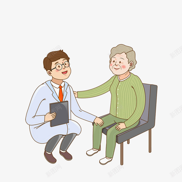 卡通蹲下给老人检查膝关节的医生png免抠素材_88icon https://88icon.com 医生与患者 卡通蹲下给老人检查膝关节的医生素材免费下载 检查膝关节 腿部受伤 蹲下的医生