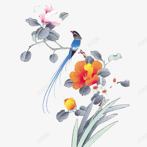 花鸟图png免抠素材_88icon https://88icon.com 中国风 小鸟 橙色 花朵 花鸟图 蓝色 锦鸡 长尾巴鸟