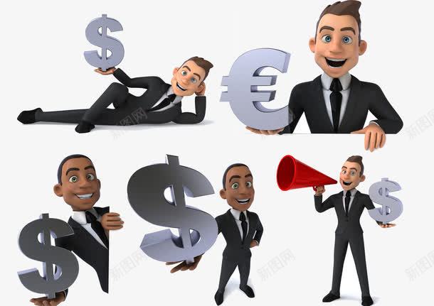 商务理财广告png免抠素材_88icon https://88icon.com 3D小人 卡通人物 商务男士 商务金融 喇叭 欧元符号 美元符号 职业男性 货币符号