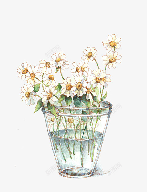 白色花朵psd免抠素材_88icon https://88icon.com 植物 玻璃花瓶 瓶子里的花 白色 绿叶 花卉 黄蕊
