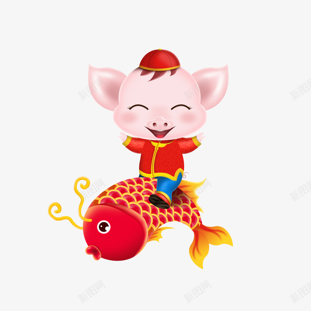 手绘骑着锦鲤的猪png免抠素材_88icon https://88icon.com 吉祥 手绘骑着锦鲤的猪 猪年 锦鲤 锦鲤和猪