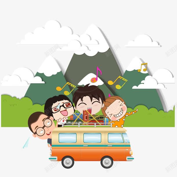 出游踏青png免抠素材_88icon https://88icon.com 卡通 山脉 巴士 旅行团 踏青