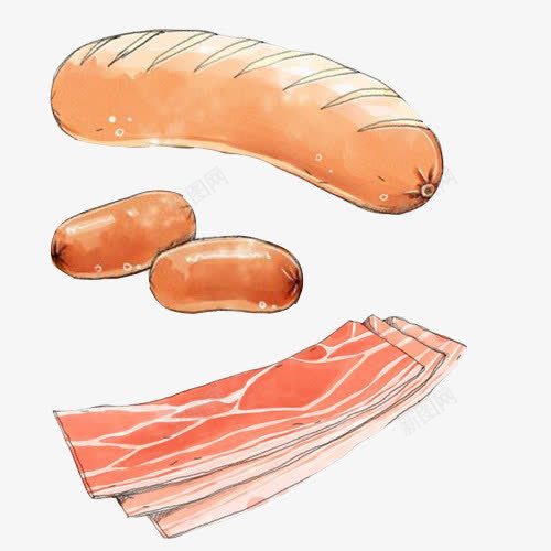 肉肠类手绘画片png免抠素材_88icon https://88icon.com 加工肉食品 培根 火腿肠 熟食 红色 色彩画 香香肠