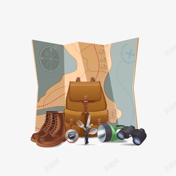 旅游休假探险剪贴画png免抠素材_88icon https://88icon.com 休假 剪贴画 地图 探险 旅游 望远镜 电灯 背包 鞋子