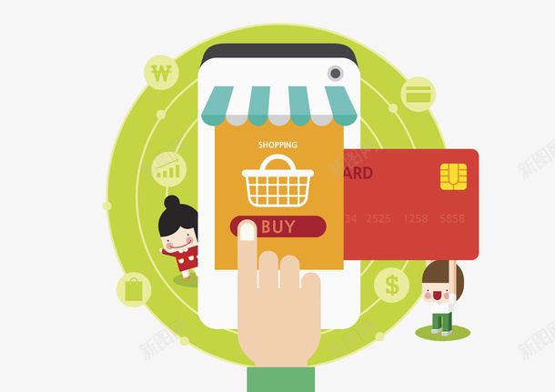 智能手机里的购物商店png免抠素材_88icon https://88icon.com 创意 卡通 商店 圆圈 智能手机 绿色 银行卡