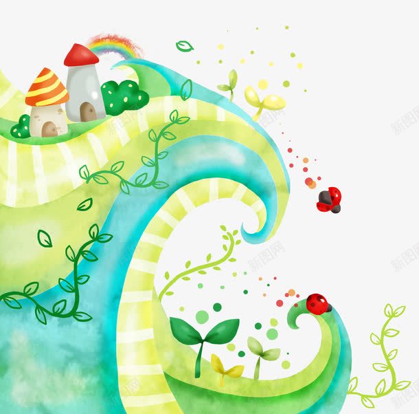 蘑菇房与瓢虫psd免抠素材_88icon https://88icon.com 创意设计 卡通 可爱 叶子 圆点 嫩苗 常青藤 幼苗 弯曲 彩虹 插画 树叶 植物 植物插画 水彩 瓢虫 绿藤 藤蔓 蘑菇 蘑菇房