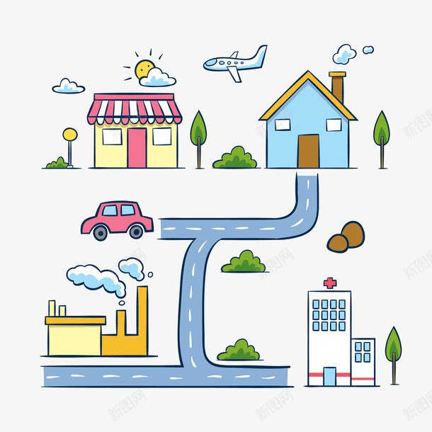 彩绘房屋街道地图矢量图ai免抠素材_88icon https://88icon.com 位置 创意 卡通 地图设计 地标 房屋 手绘 矢量图