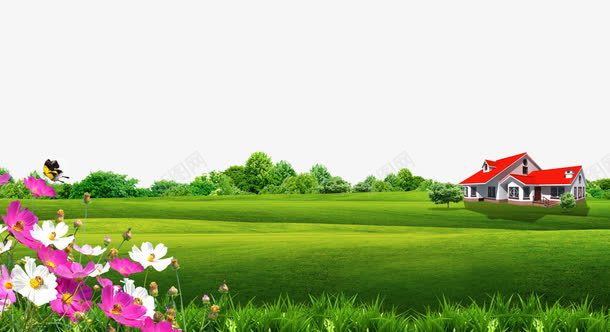 田园别墅草地png免抠素材_88icon https://88icon.com 住宅 树木 格桑花 草地