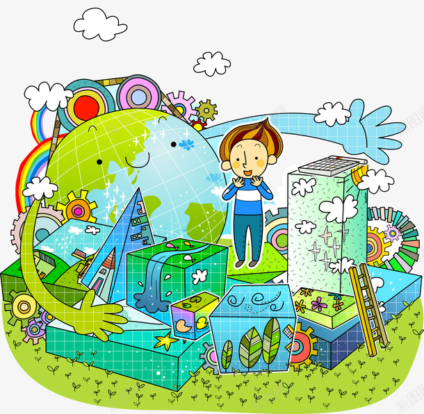 地球表层里的风景png免抠素材_88icon https://88icon.com 云朵 卡通 地球 彩虹 手绘 梯子 男孩 草地 表层
