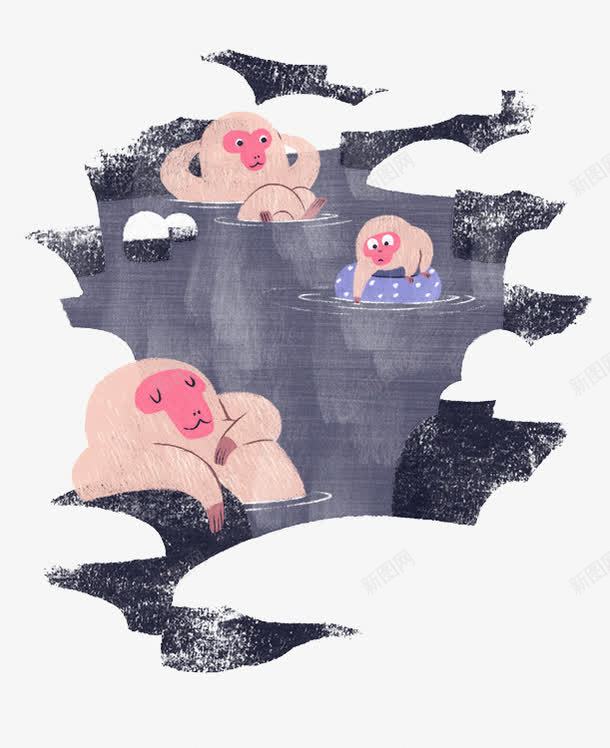 手绘猴子泡温泉图png免抠素材_88icon https://88icon.com 创意设计 可爱卡片 手绘插画