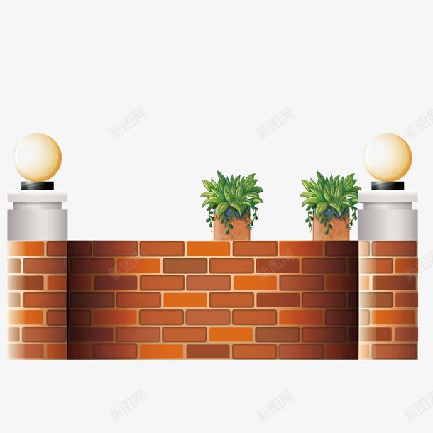 红砖墙矢量图ai免抠素材_88icon https://88icon.com 围墙 盆栽 矢量图 红砖房 花草 路灯