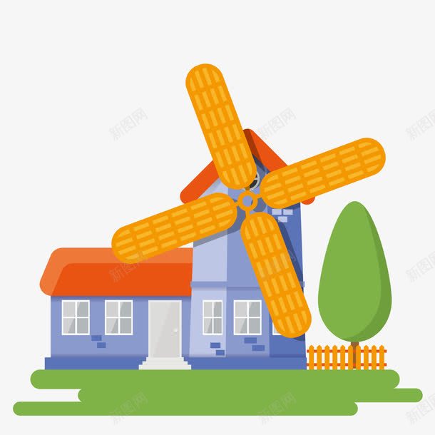 卡通风车场景png免抠素材_88icon https://88icon.com 卡通手绘 卡通风车 大树 房子 风车