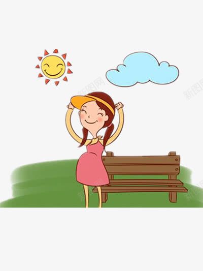 晒太阳的孕妇png免抠素材_88icon https://88icon.com 云朵 太阳帽 孕妈咪 棕色 绿色 长椅