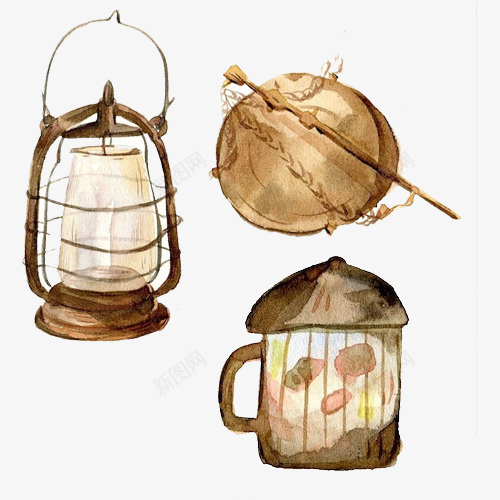 老物件手绘画片psd免抠素材_88icon https://88icon.com 手提 杆秤 水彩画 火水灯 煤油灯 煤灯 茶壶