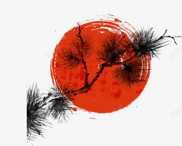 手绘树枝png免抠素材_88icon https://88icon.com 中国风 太阳 手绘太阳 手绘树枝 松叶 松枝 红色