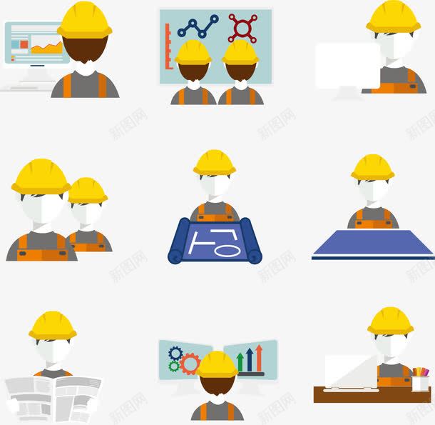 施工员矢量图eps免抠素材_88icon https://88icon.com 工程师 工程绘画 施工员 读报纸 阅读 矢量图