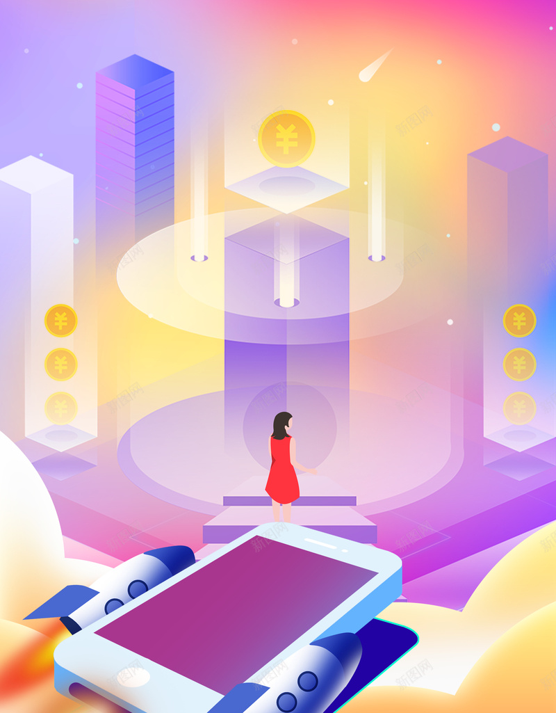 卡通手绘25d场景图背景psd设计背景_88icon https://88icon.com 25d 云 光效 商务 手机 火箭 科技 背景图 金币