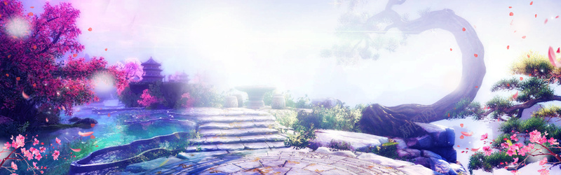 世外桃源浪漫唯美3D卡通紫色bannerpsd设计背景_88icon https://88icon.com 3D banner 世外 卡通 唯美 天台 松树 桃源 桃花 浪漫 紫色