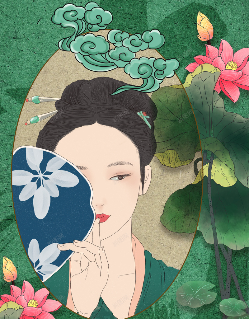 手绘国潮年货节背景图psd设计背景_88icon https://88icon.com 仕女 古代仕女图 国潮 国潮背景墙 年货节 手绘背景 祥云 荷叶 荷花