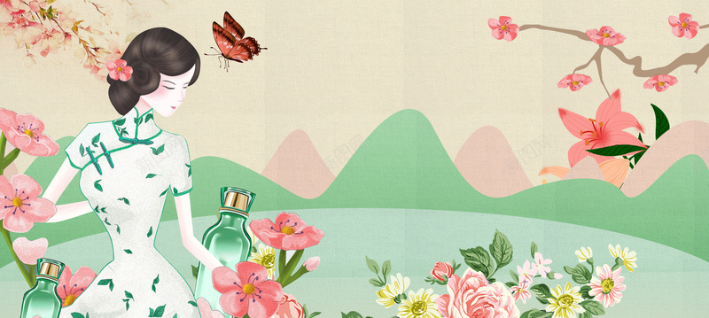 桃花节文艺手绘花朵梦幻粉bannerpsd设计背景_88icon https://88icon.com 中国风 小清新 广告 文艺 旗袍 春天 春季 桃花 桃花节 梦幻 浪漫 粉色 素材 背景 蝴蝶 设计