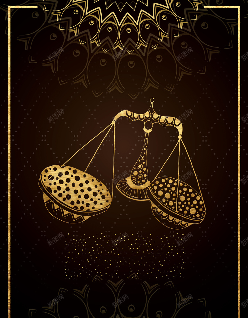 金色十二星座创意挂画天秤座海报jpg设计背景_88icon https://88icon.com 十二星座挂画 占星 天秤座 星座占卜 星座海报 深棕色渐变背景 花纹 边框 金色