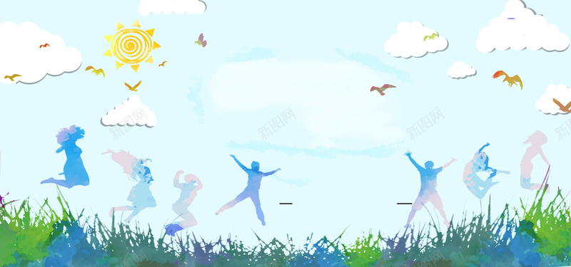 青春主题淘宝主页海报psd设计背景_88icon https://88icon.com banner 剪影 扁平化 扁平化设计 活泼 海报banner 淘宝主图 淘宝设计师 激情 狂欢 白云 绿色 蓝天 野外 首页焦点图