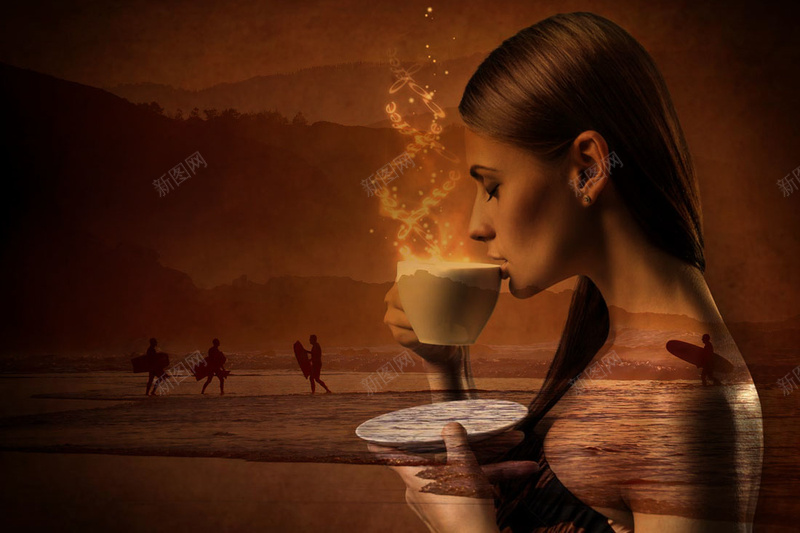 喝咖啡的美女psd设计背景_88icon https://88icon.com 山 梦幻 河水 浪漫 美女 茶杯 详情页海报 路人