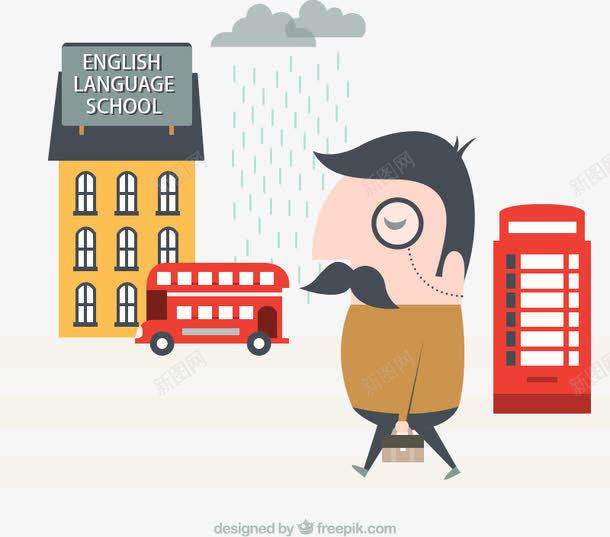 创意英语学校和男子插画矢量图ai免抠素材_88icon https://88icon.com 妤兼埧寤虹瓚鍙屽眰宸村鐢佃瘽浜 楼房建筑双层巴士电话亭绅士云朵阴天雨英语矢量图 矢量图 阴天雨天