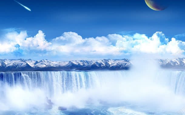 蓝天白云下的瀑布jpg设计背景_88icon https://88icon.com 瀑布 白云 蓝天