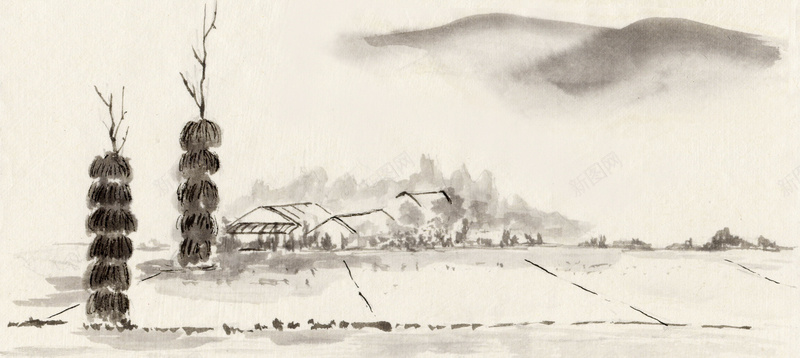 水墨风景jpg设计背景_88icon https://88icon.com 中国风 农田 国画 山水 村庄 水墨 海报banner 草垛 黄色 黑白