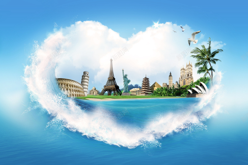各国风光著名景点旅游海报psd设计背景_88icon https://88icon.com 凯旋门 埃菲尔铁塔 大海 异国 悉尼歌剧院 摄影 比萨斜塔 爱心 自由女神像 风景