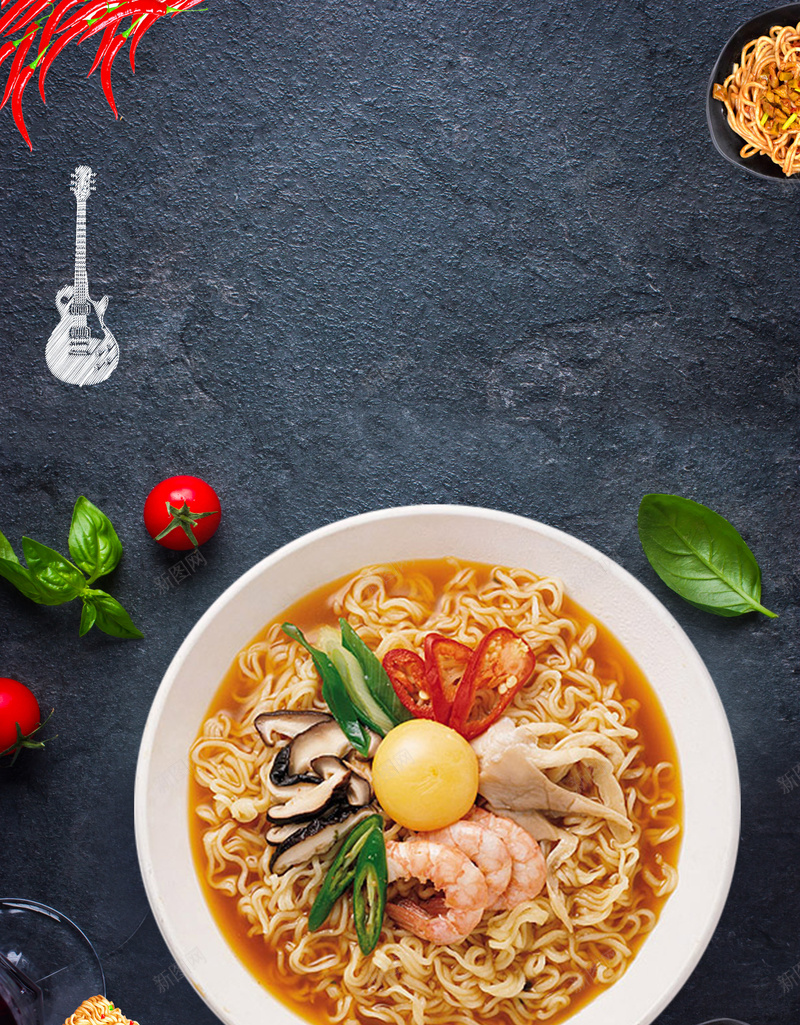 美味方便面宣传海报psd设计背景_88icon https://88icon.com 中国风 即食型 叶子 新品上市 方便面 美味 美味方便面宣传海报 美食 西红柿 食尚新品 黑色背景