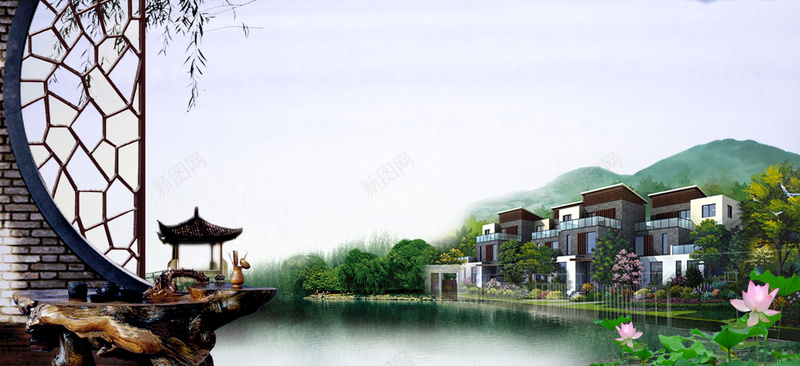 江南高端亭台楼阁木质地产bannerpsd设计背景_88icon https://88icon.com 乡下别墅 别墅 地产海报 坡地半山别墅 大气 意境 木纹 木质 生态 高端房地产 高贵 高逼格