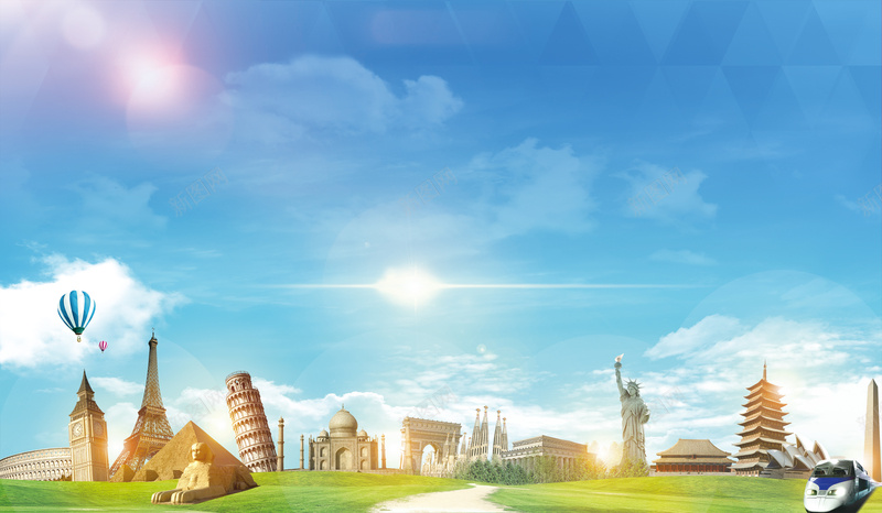 旅游世界风景拼接蓝色渐变背景psd_88icon https://88icon.com 摄影 旅游世界 蓝色 蓝色渐变 风景 风景拼接