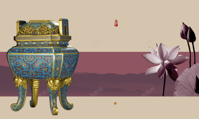 中国风景泰蓝背景psd设计背景_88icon https://88icon.com 中国风 古董 文物 景泰蓝 海报设计 荷叶 荷花 莲花 远山 香炉